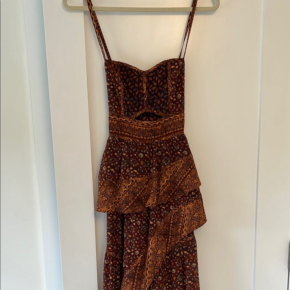 Ulla Johnson silk dress in warm fall colors- orange, brownish burgundy, blue